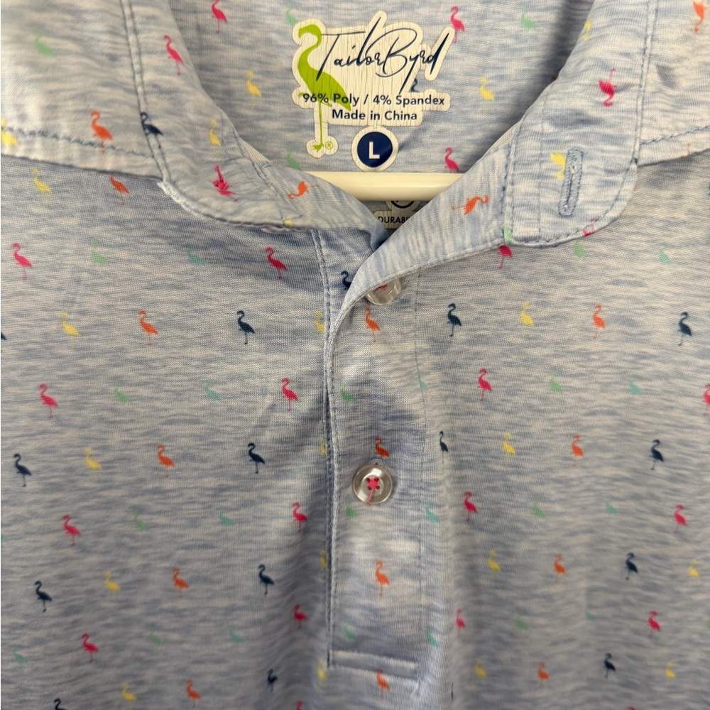 Tailorbyrd Light Blue Polo with multi colored bird print - Picture 3 of 8